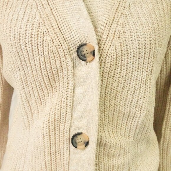 100% Cotton Sweater Cardigan with Buttons Chunky Knit Winter Medium Tan Top - Picture 2 of 5